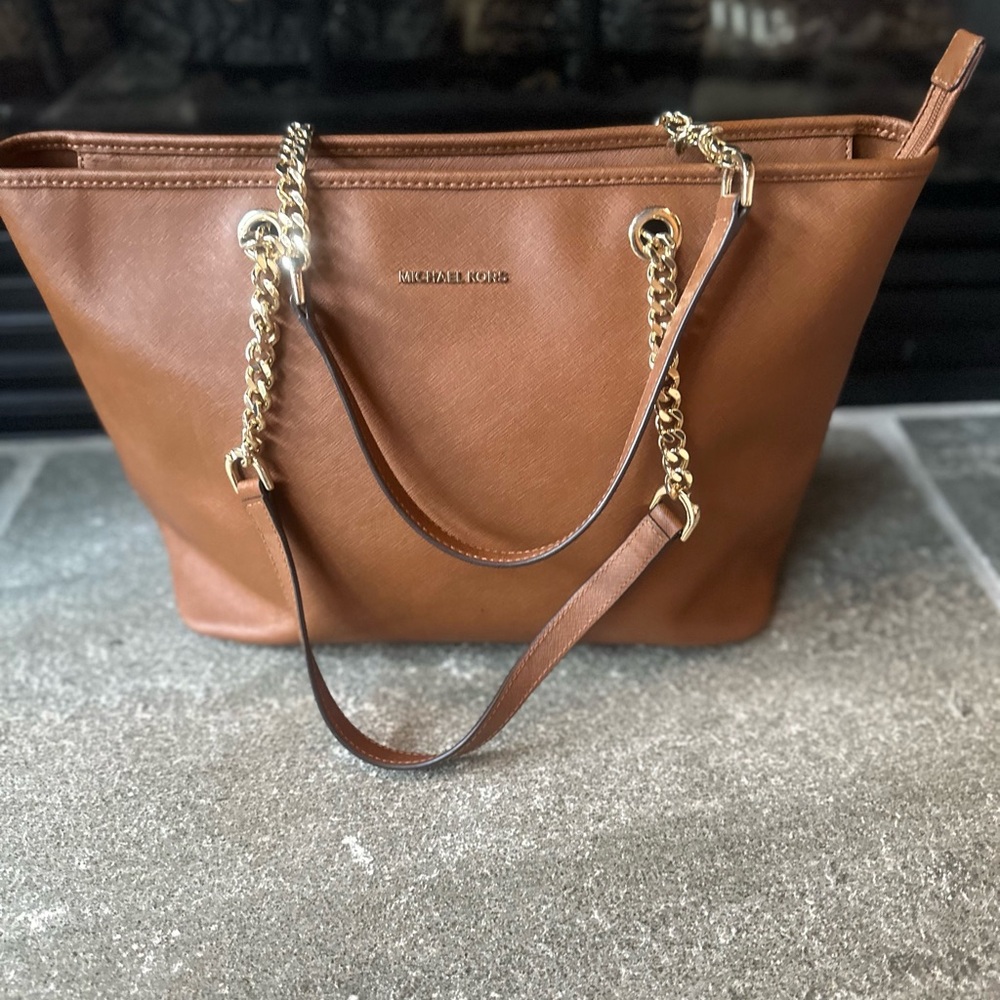 Michael Kors Tan Leather Tote with Gold Chain